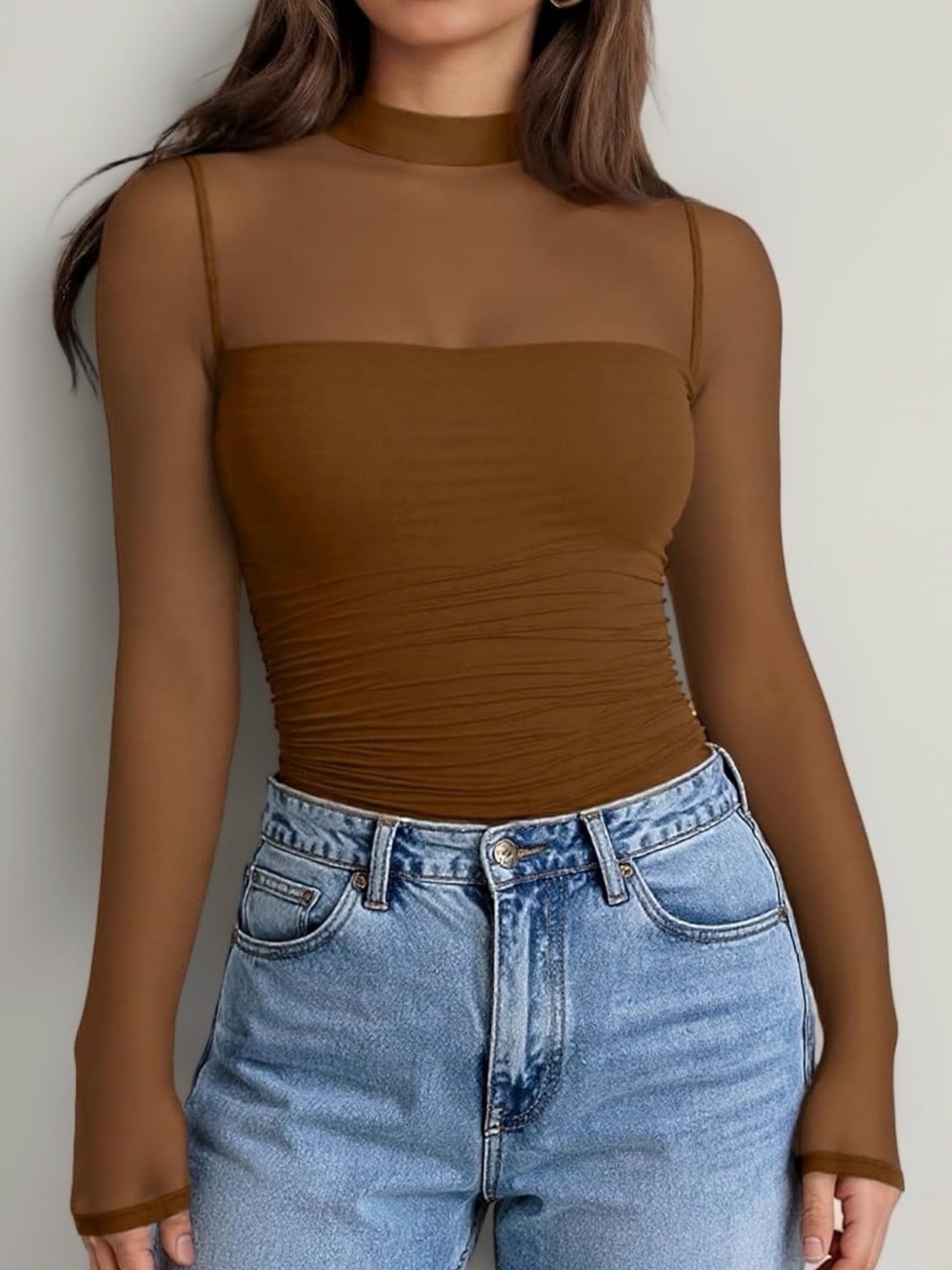 Lillusory Long Sleeve Ruched Mesh Top Stand Collar Brown Mocha Size Large PTP 21